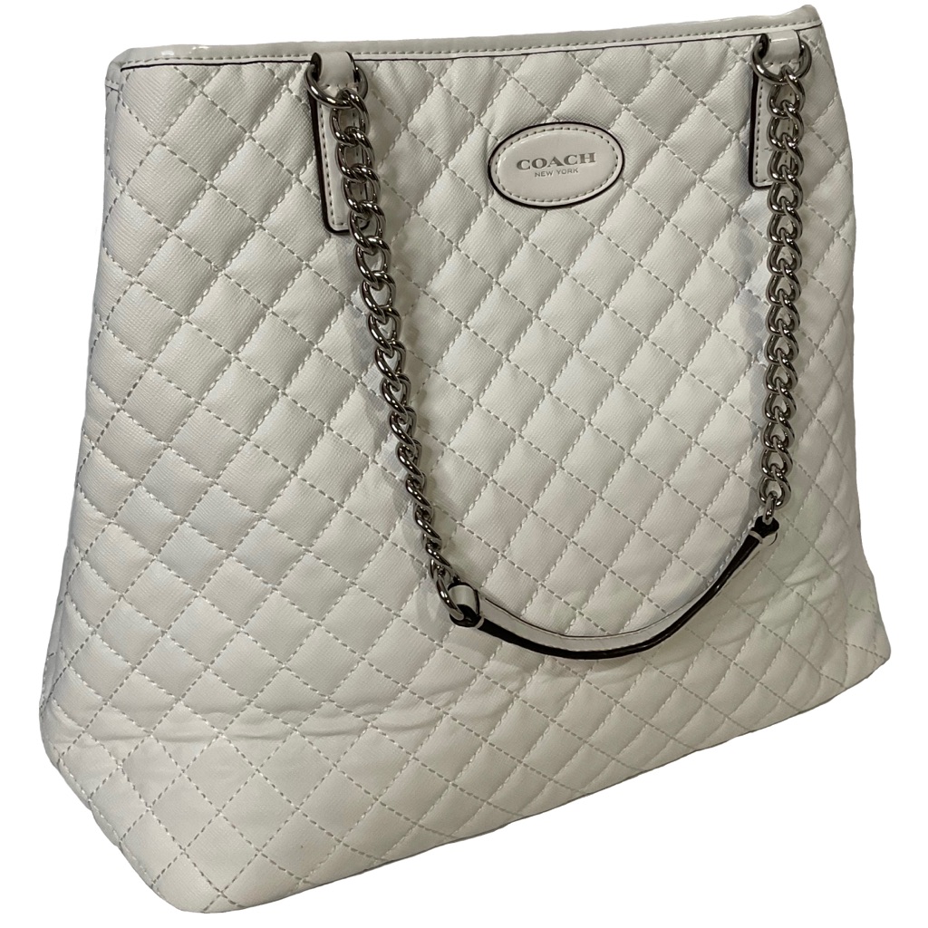 Coach Metro White Quilted Leather Tote With Silver-Toned Chain Handles.
